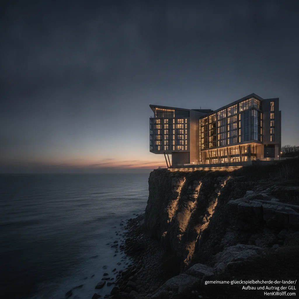 Modern casino-resort on a German Baltic Sea cliff at twilight