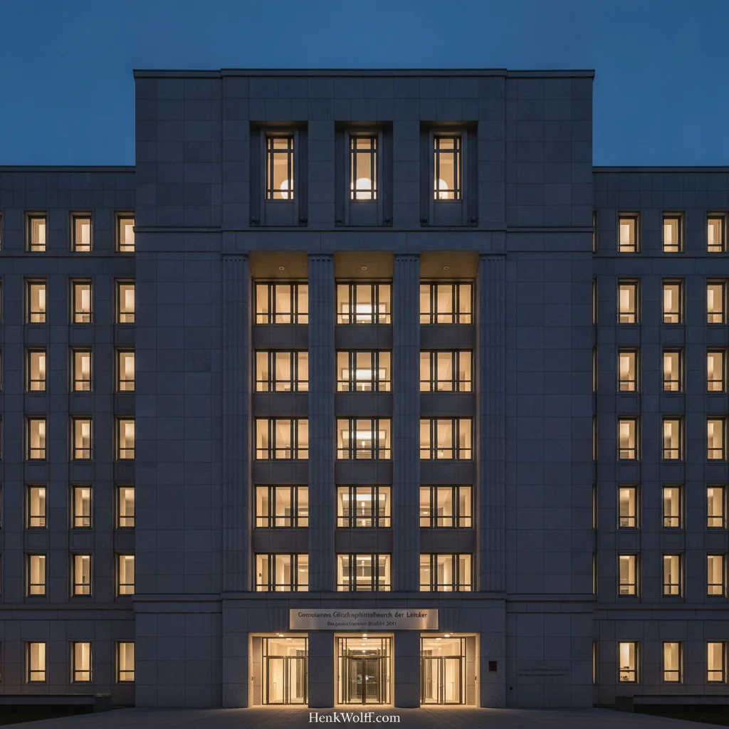Authoritative German government building at blue hour with warm lights through windows.
