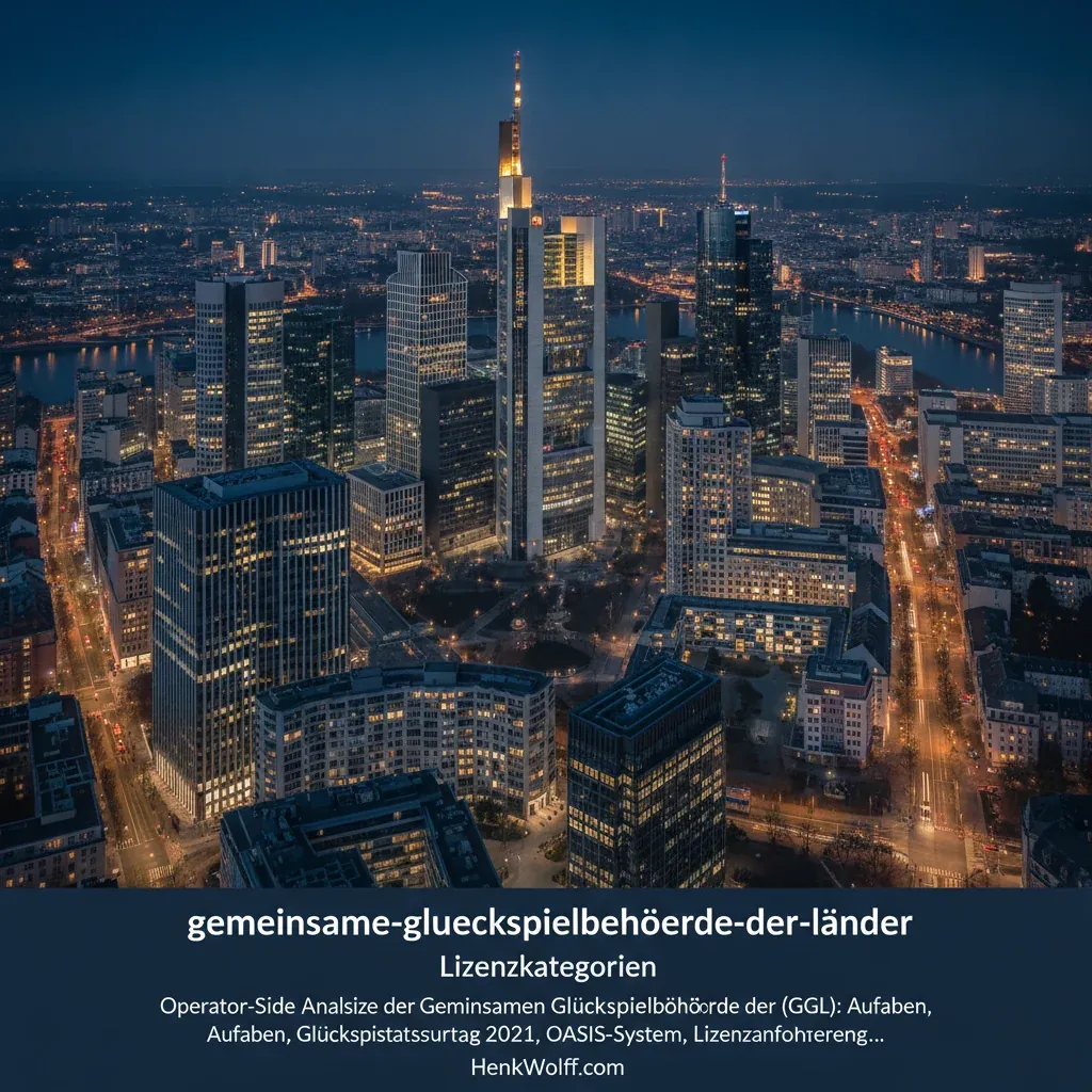 Frankfurt financial district cityscape at blue hour with warm golden lights and deep navy sky.