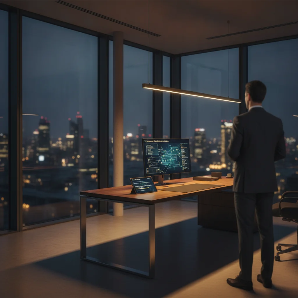 Modern executive office, monitor showing data, German city skyline at twilight