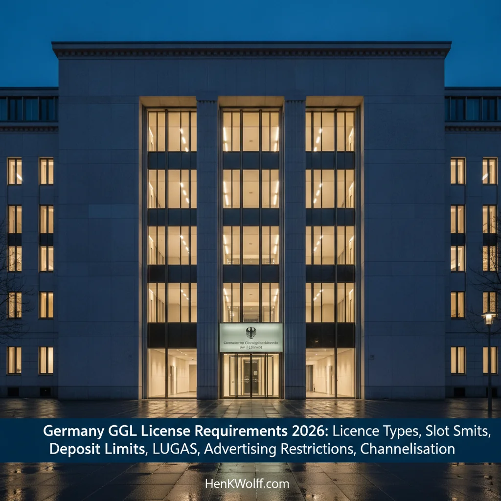 GGL regulator office building exterior in Halle, Germany, at blue hour with warm interior lighting.