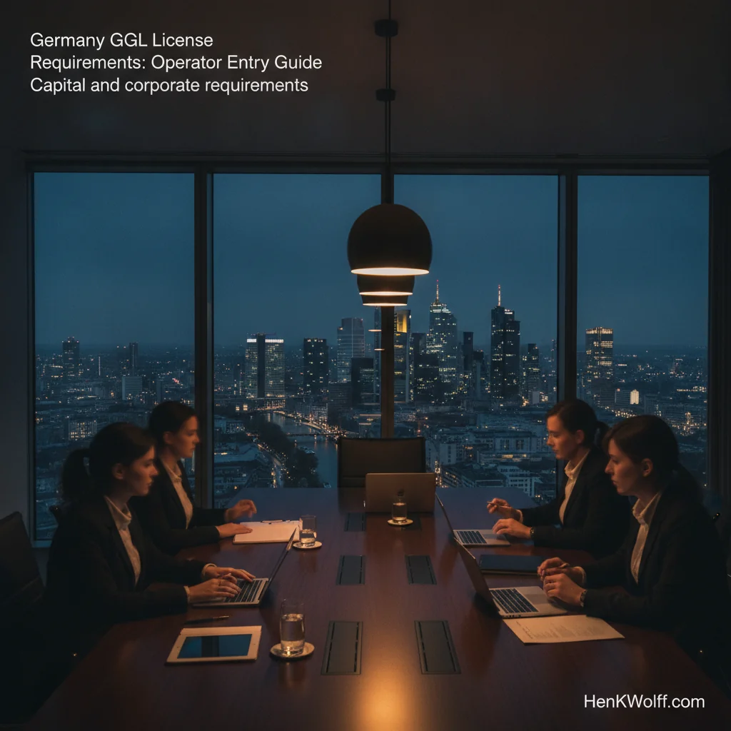 Modern boardroom overlooking a German financial district at twilight with professional figures.