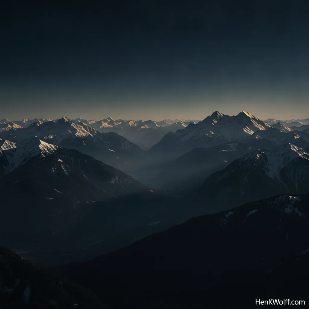 Bavarian Alps at blue hour, vast rugged peaks, and faint golden light on the horizon.