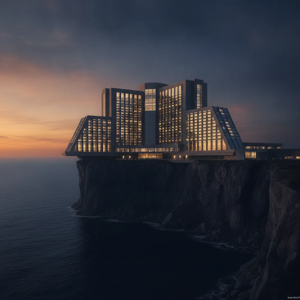 Casino-resort building on a coastal cliff at twilight with warm lights and deep navy ocean.