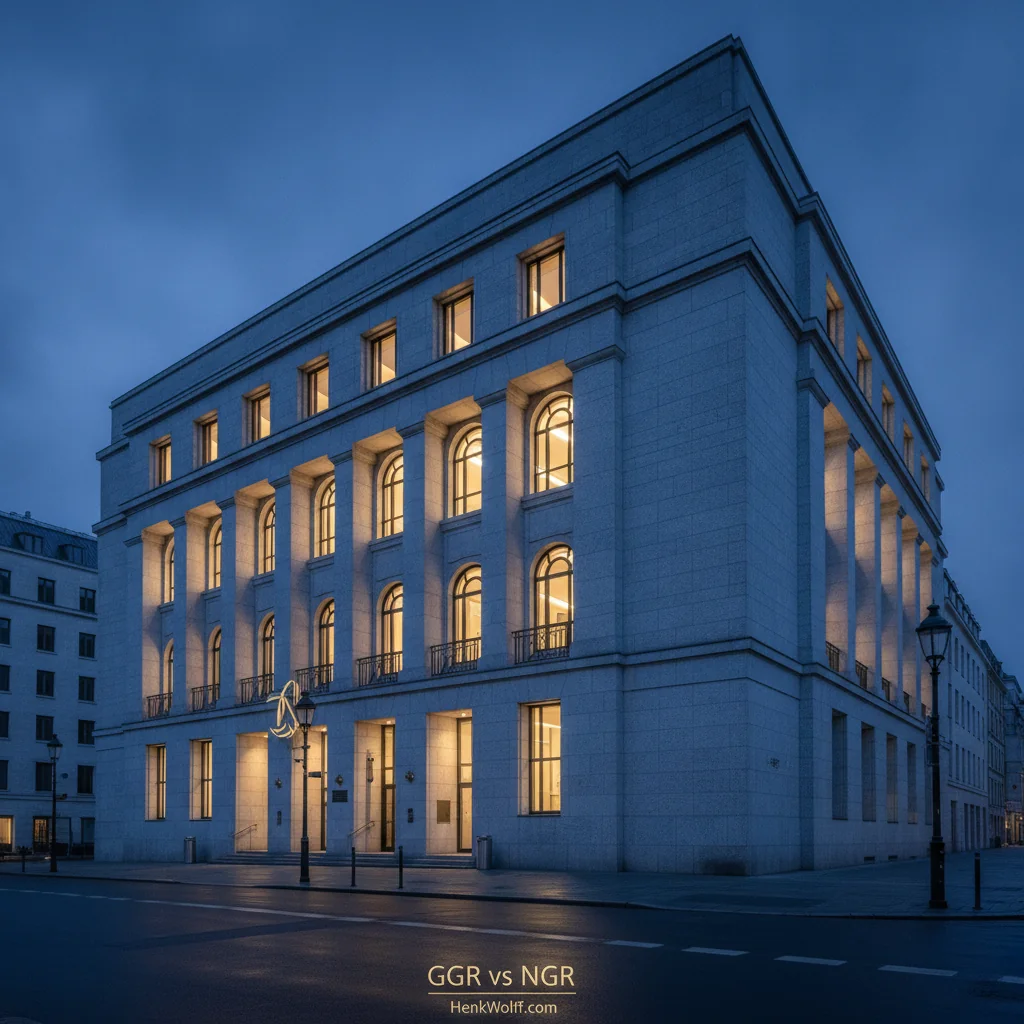 European financial regulatory building exterior at blue hour, warm lights from windows visible