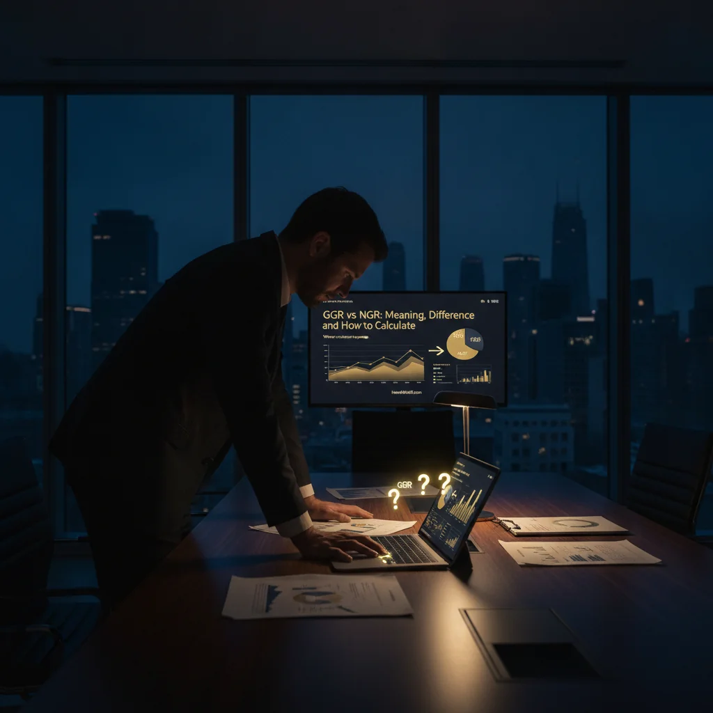 Executive in a modern boardroom reviewing complex financial reports at twilight