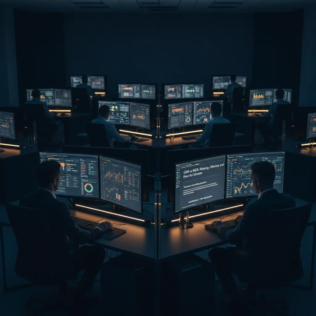 iGaming operations center with financial data on screens at twilight