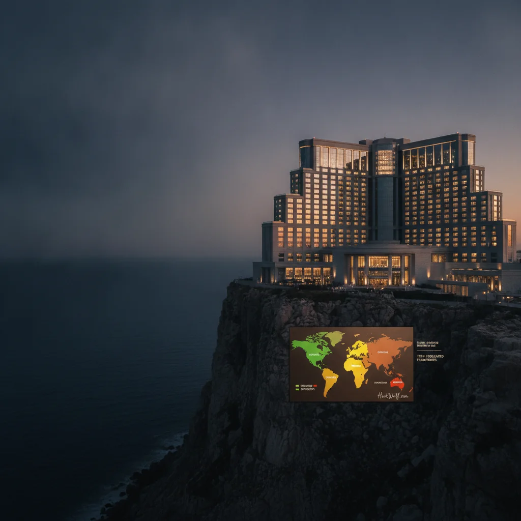 Grand coastal casino-resort at twilight, emblematic of Tier-1 regulated iGaming markets.