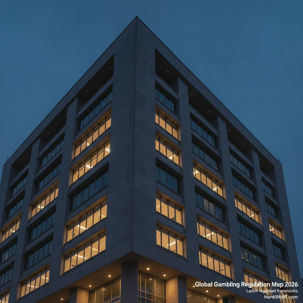 Colombian gambling regulator building at blue hour, Bogotá, with warm interior light.