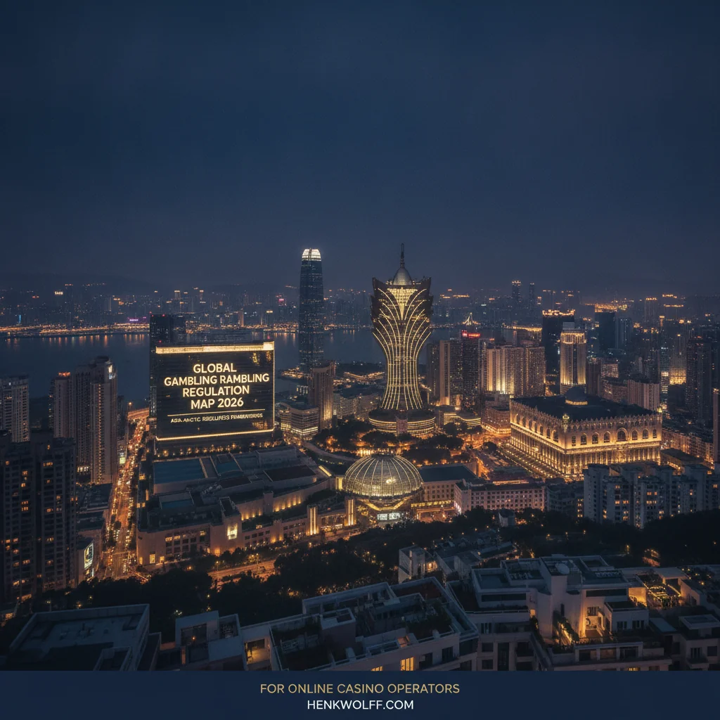 Elevated wide-angle view of Macau cityscape at dusk, with lit casino-resorts and deep navy sky