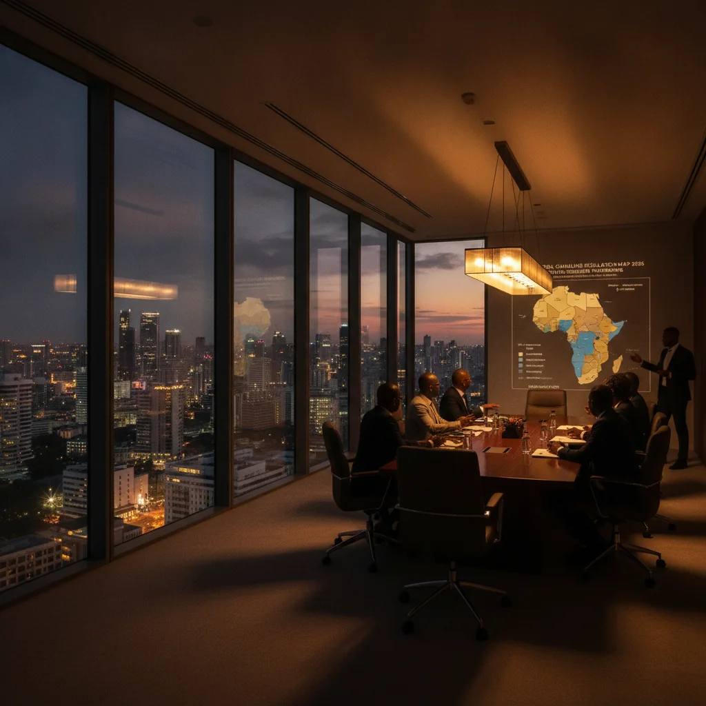 Modern boardroom in African city at twilight, with a subtle map of regulatory zones.