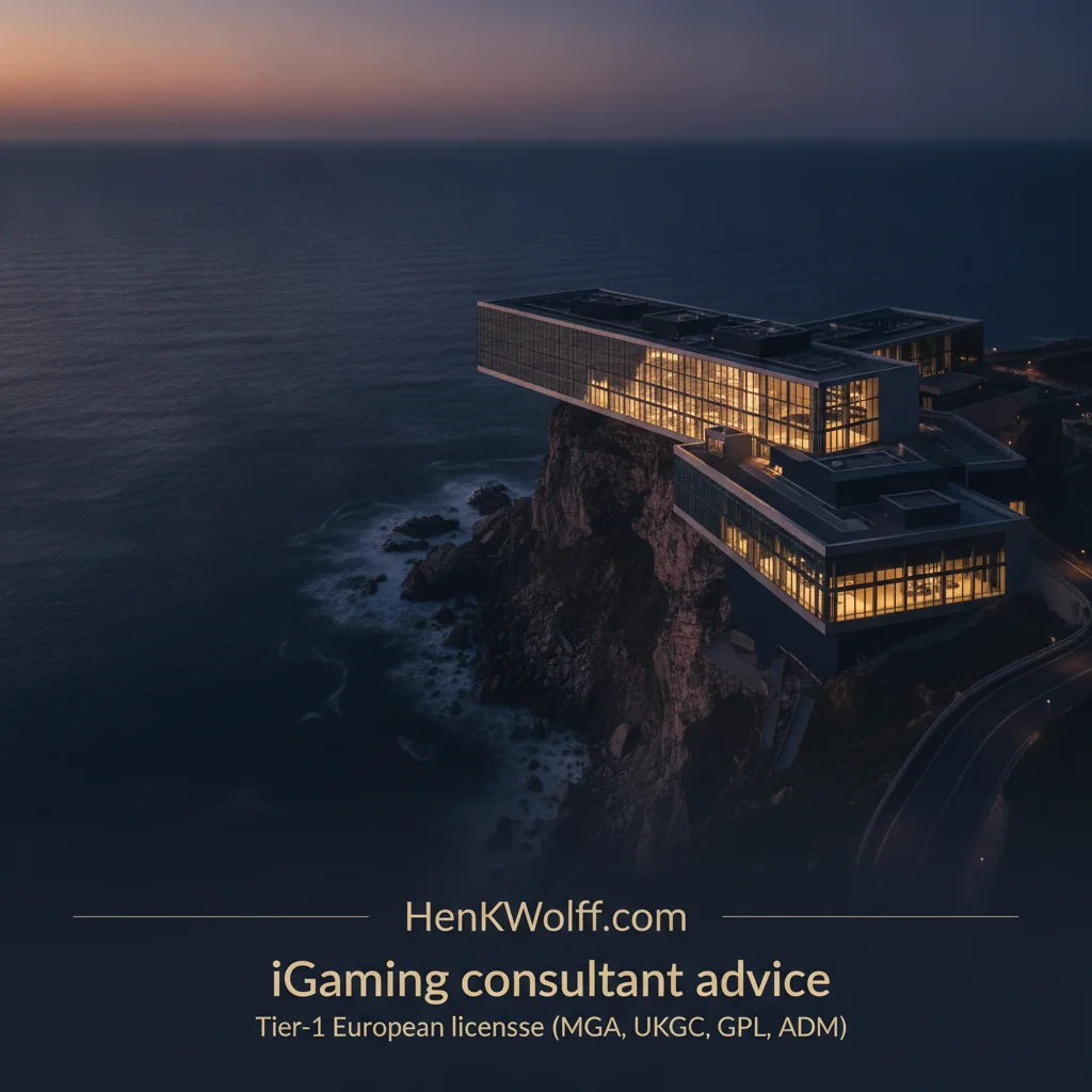 Grand modern European casino-resort on a coastal cliff at twilight