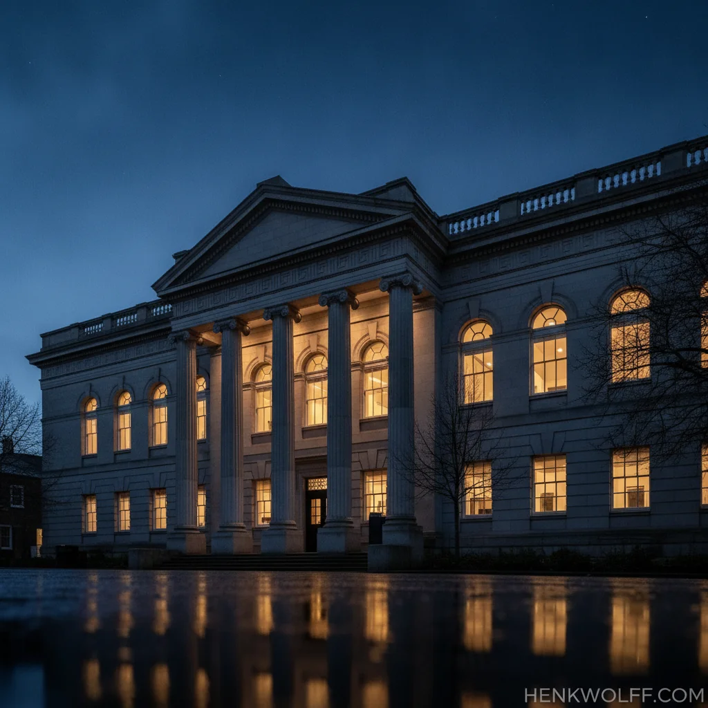 Isle of Man authoritative government building exterior at blue hour with warm interior lighting.