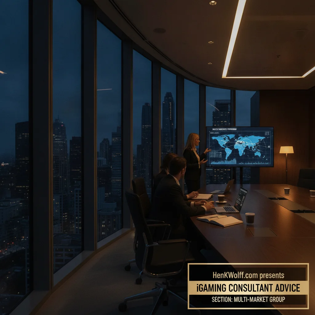 Modern executive boardroom overlooking a twilight city, with figures discussing multi-market strategy.