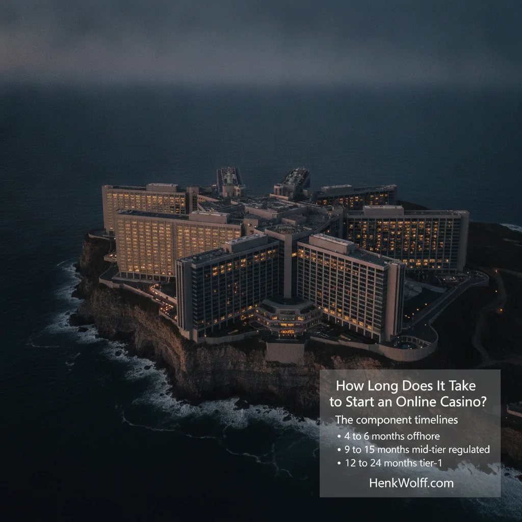 Grand casino-resort building on a coastal cliff at twilight, warm interior lights glowing.
