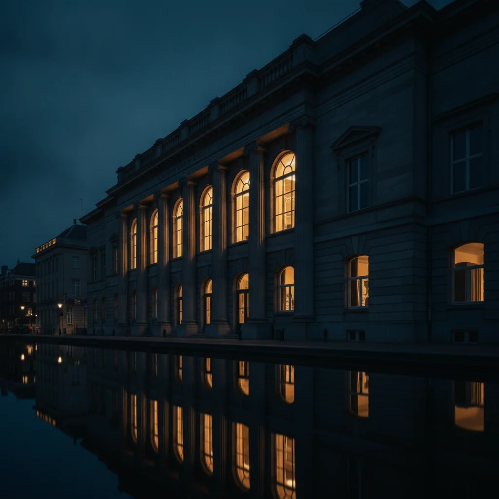 Kansspelautoriteit regulator office exterior in The Hague at blue hour.