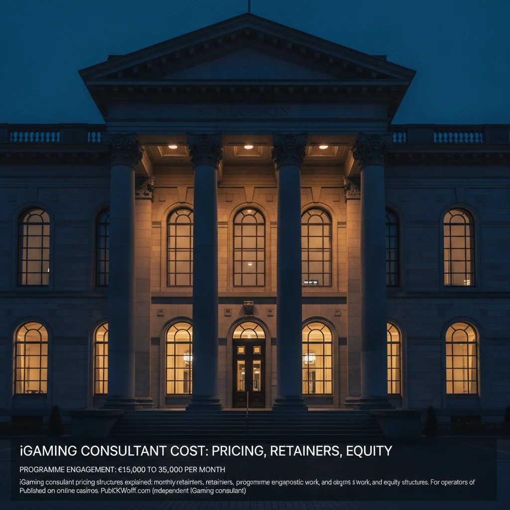 Kansspelautoriteit (KSA) regulator office building in The Hague at blue hour.
