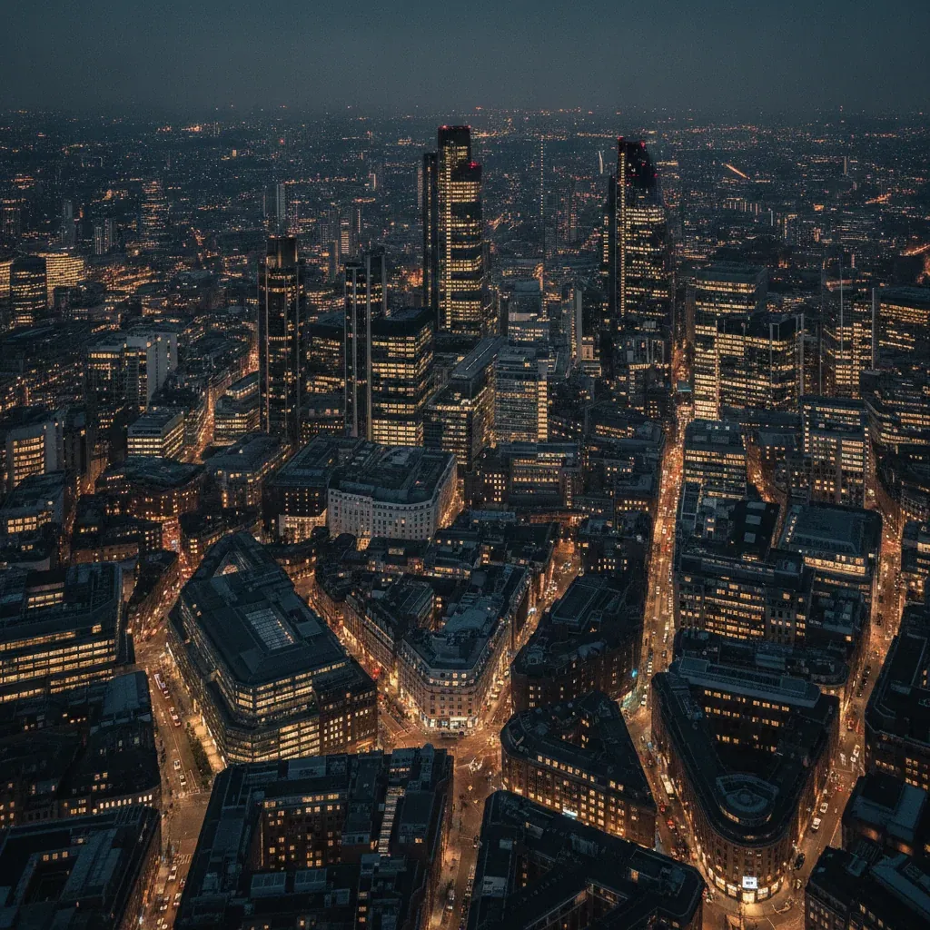 London financial district cityscape at night, from an elevated wide-angle view.