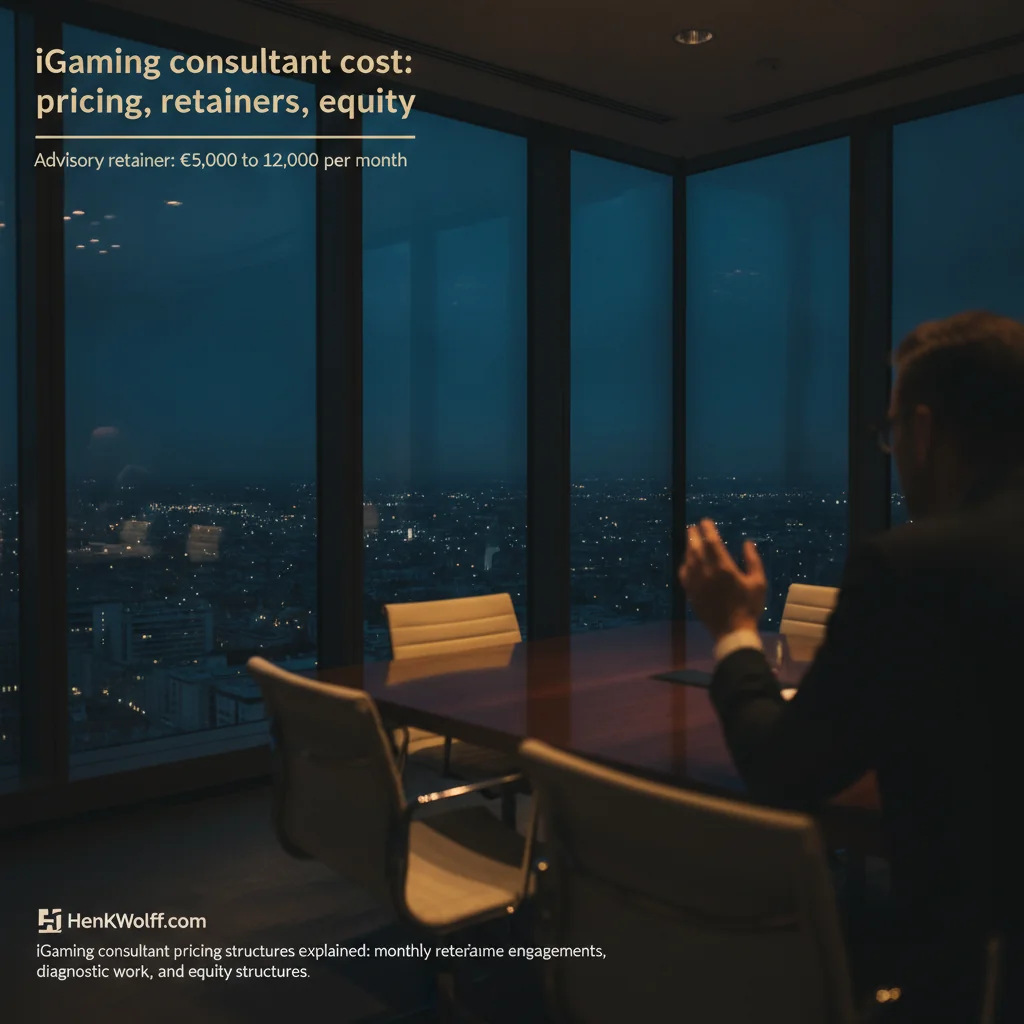 Modern boardroom with professional figures at twilight, city skyline visible through windows.