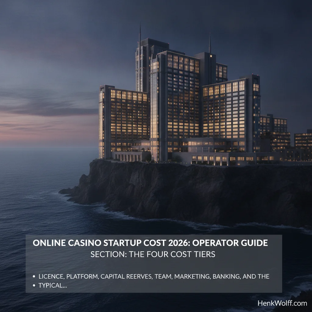 Grand casino-resort on a coastal cliff at twilight with glowing golden windows over a navy ocean.