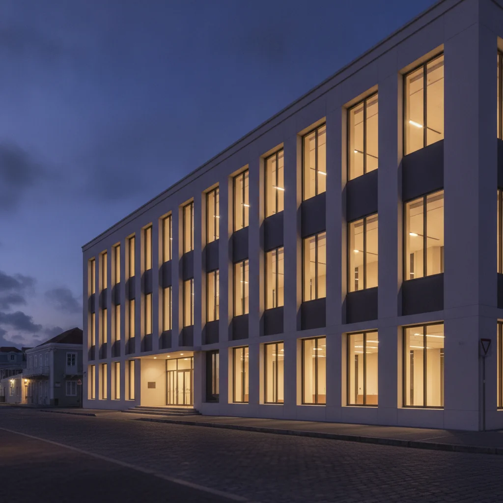 Modern regulatory building exterior in Curacao at blue hour with warm interior lights.