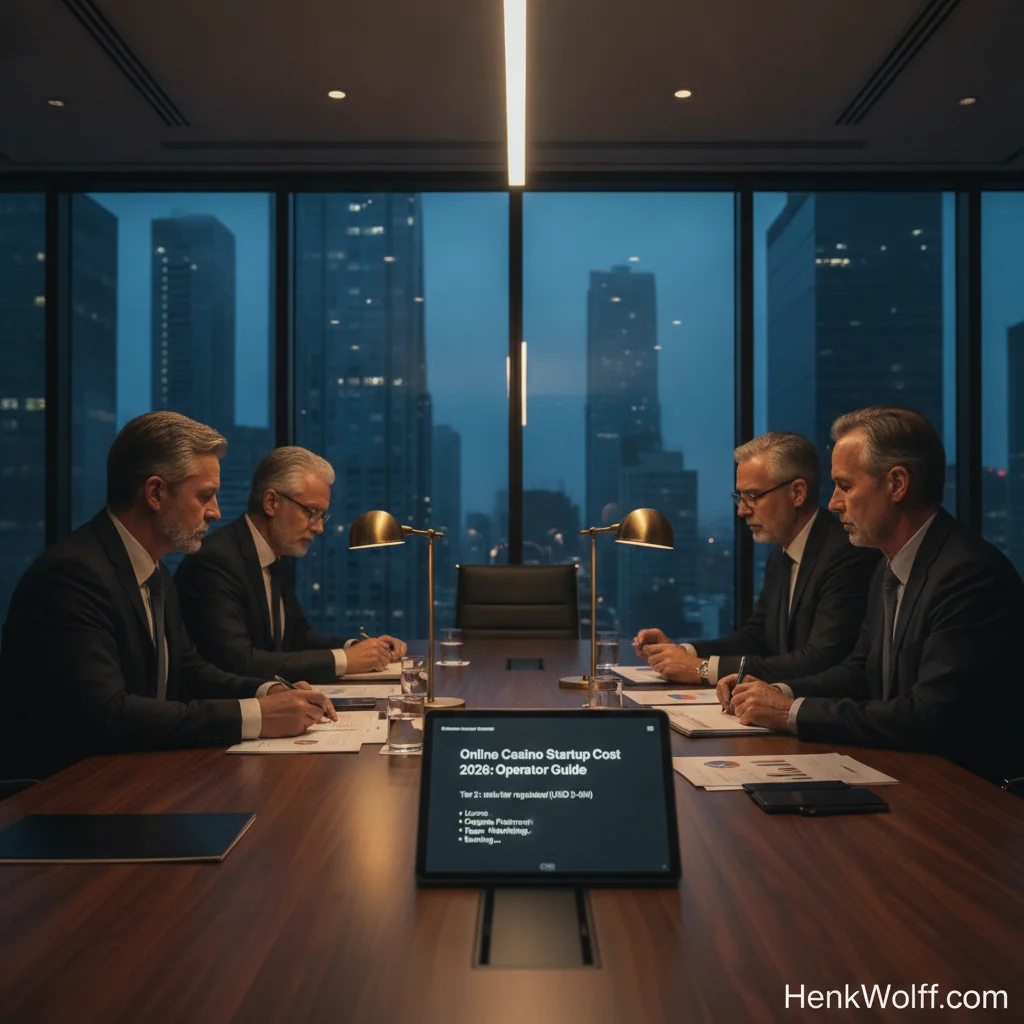 Modern executive boardroom with a city skyline at twilight, for iGaming market entry planning.