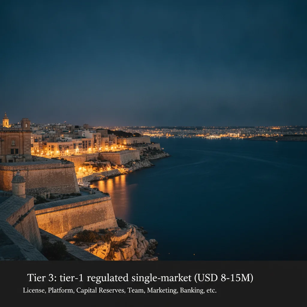 Valletta Grand Harbour, Malta, at blue hour with historic fortifications and warm lights.