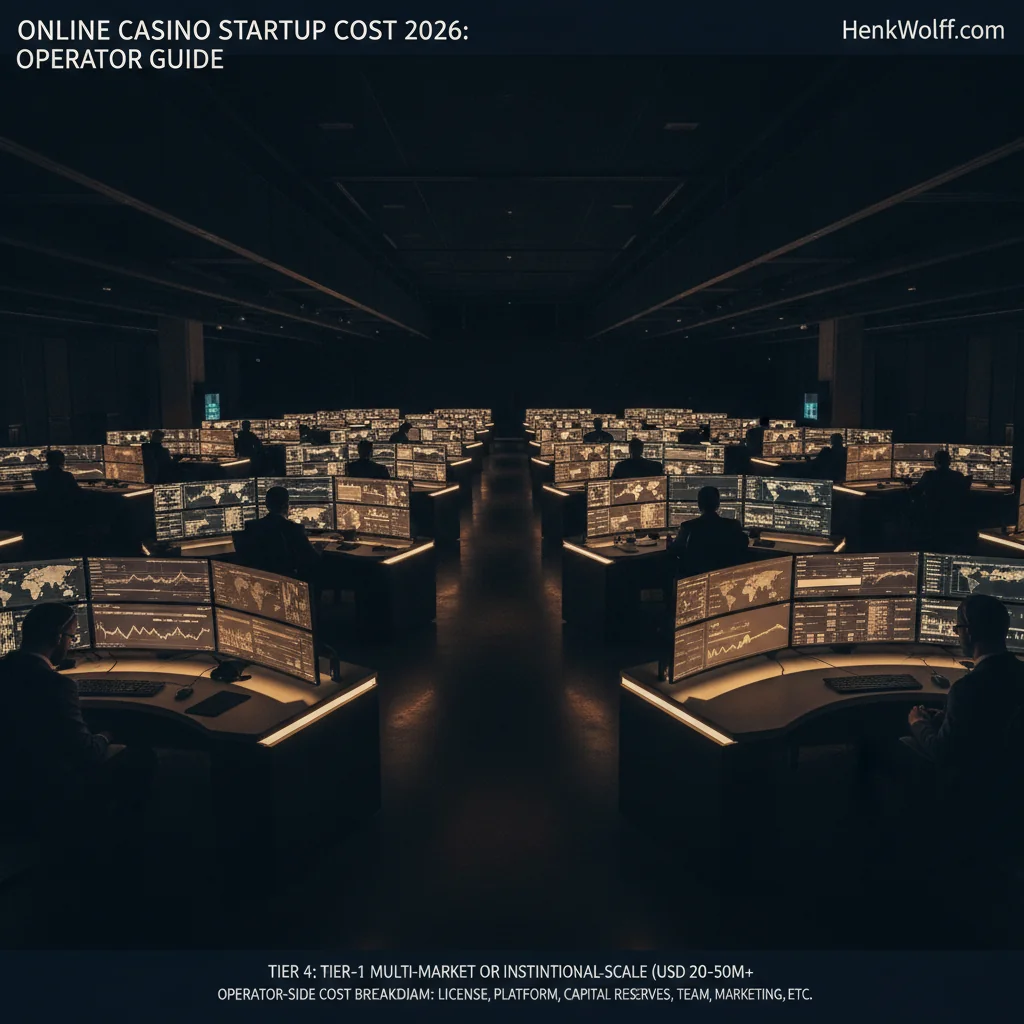 Modern iGaming operations center with screens displaying complex data, illuminated by navy and golden light.