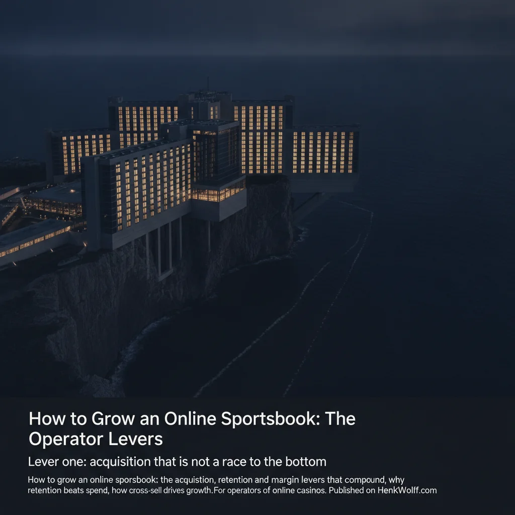 Grand modern casino-resort on a coastal cliff at twilight with golden interior lights