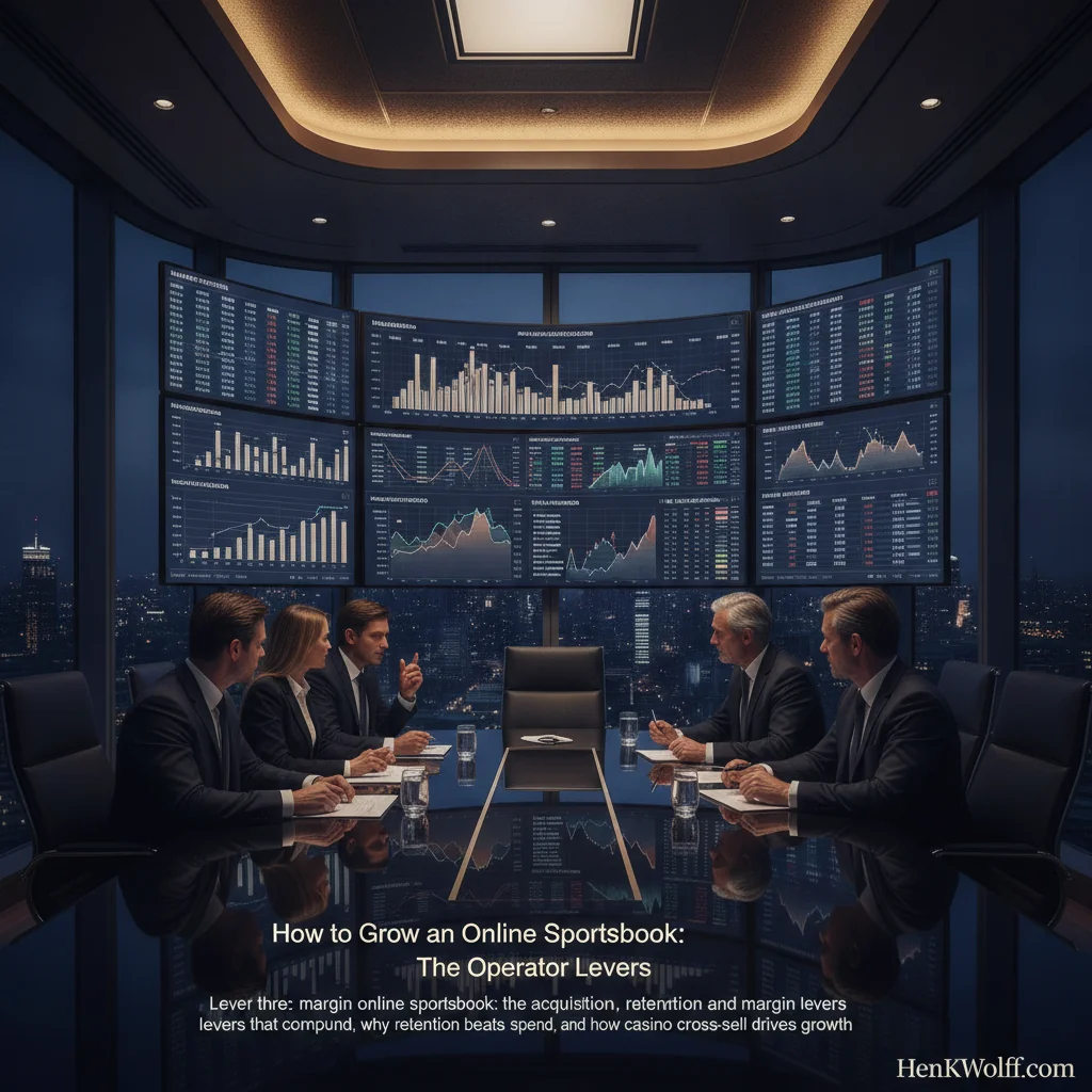 Executives in a modern boardroom overseeing sportsbook trading data with a city skyline at twilight.