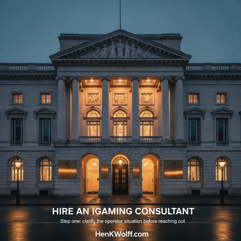 European regulatory authority building exterior at blue hour, warm interior lights.