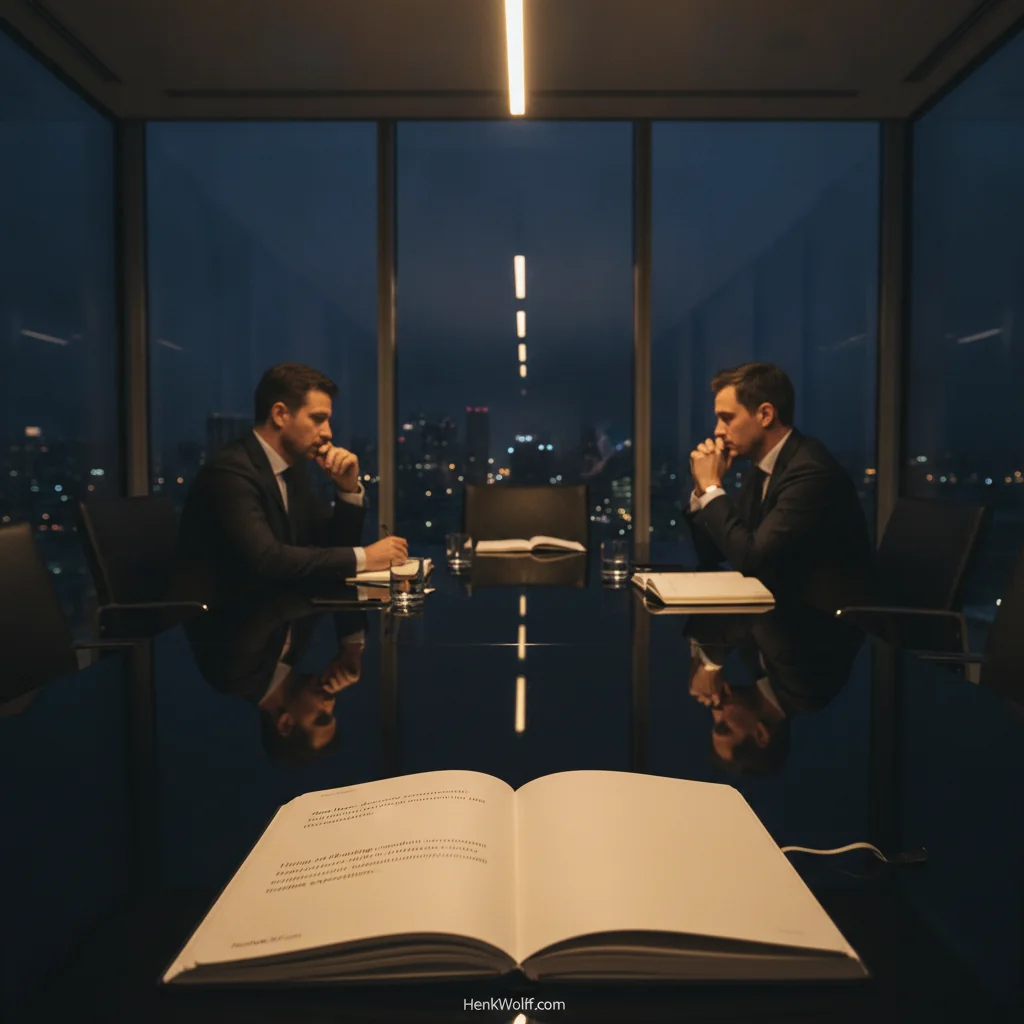 Executives discussing in a modern boardroom overlooking a city at twilight.
