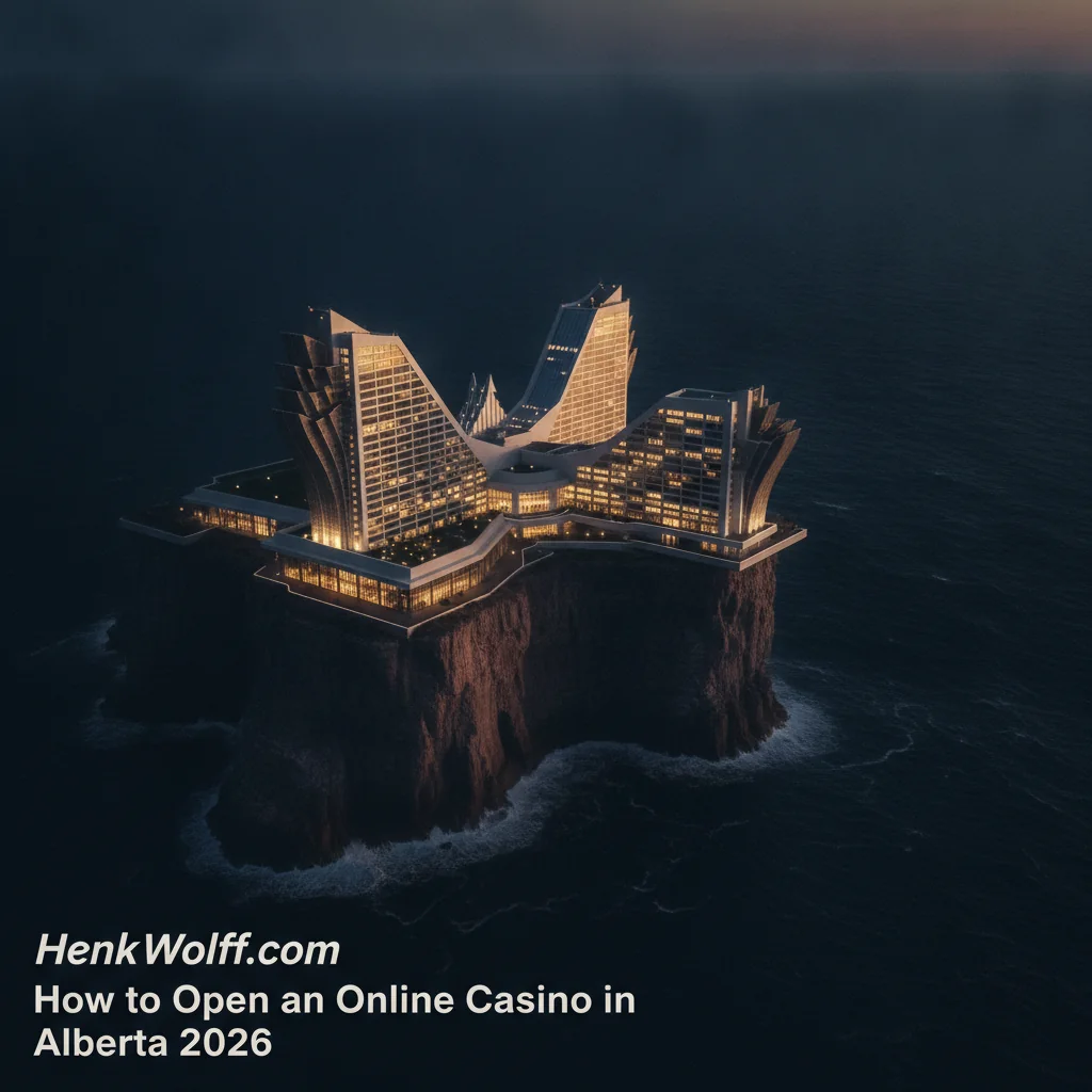 Casino-resort building on a dramatic coastal cliff at twilight, Alberta.