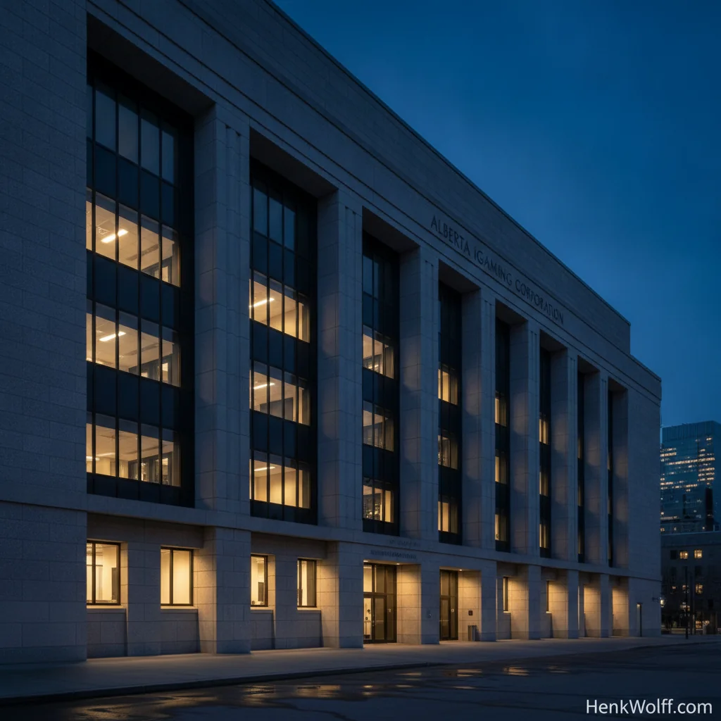 Alberta government building at blue hour twilight, representing iGaming regulation.
