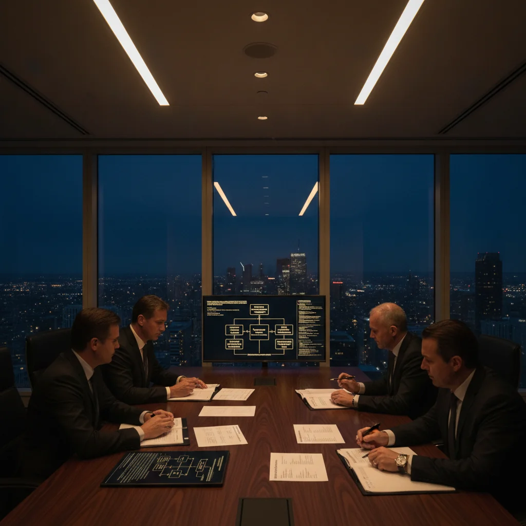 Modern executive office overlooking Canadian city skyline at twilight, figures reviewing iGaming technical standards.