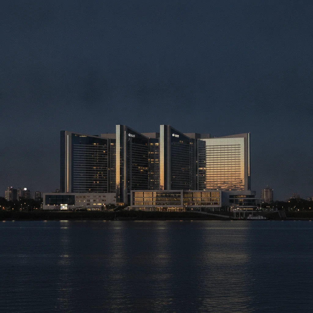 Grand casino-resort overlooking Paraná River in Santa Fe, Argentina at twilight