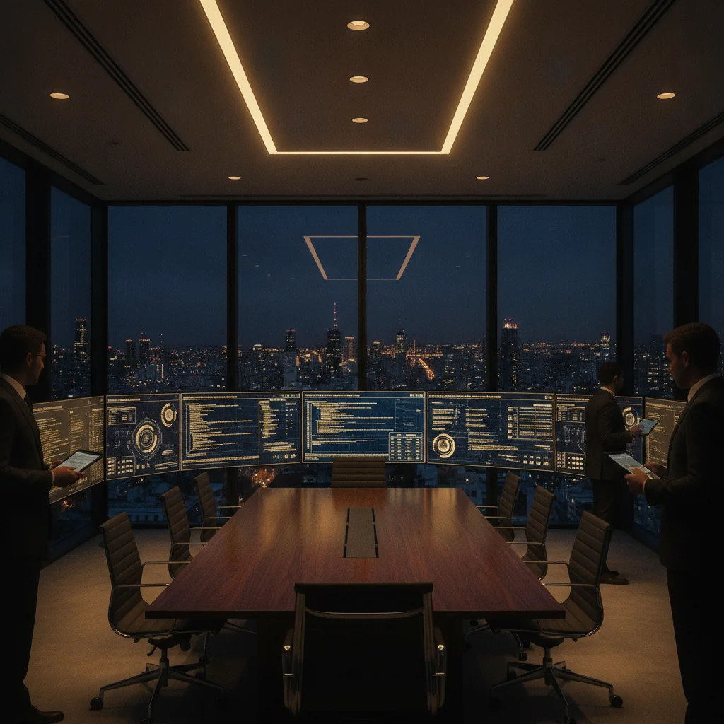 Modern executive interior with screens displaying data, overlooking an Argentinian city at twilight.