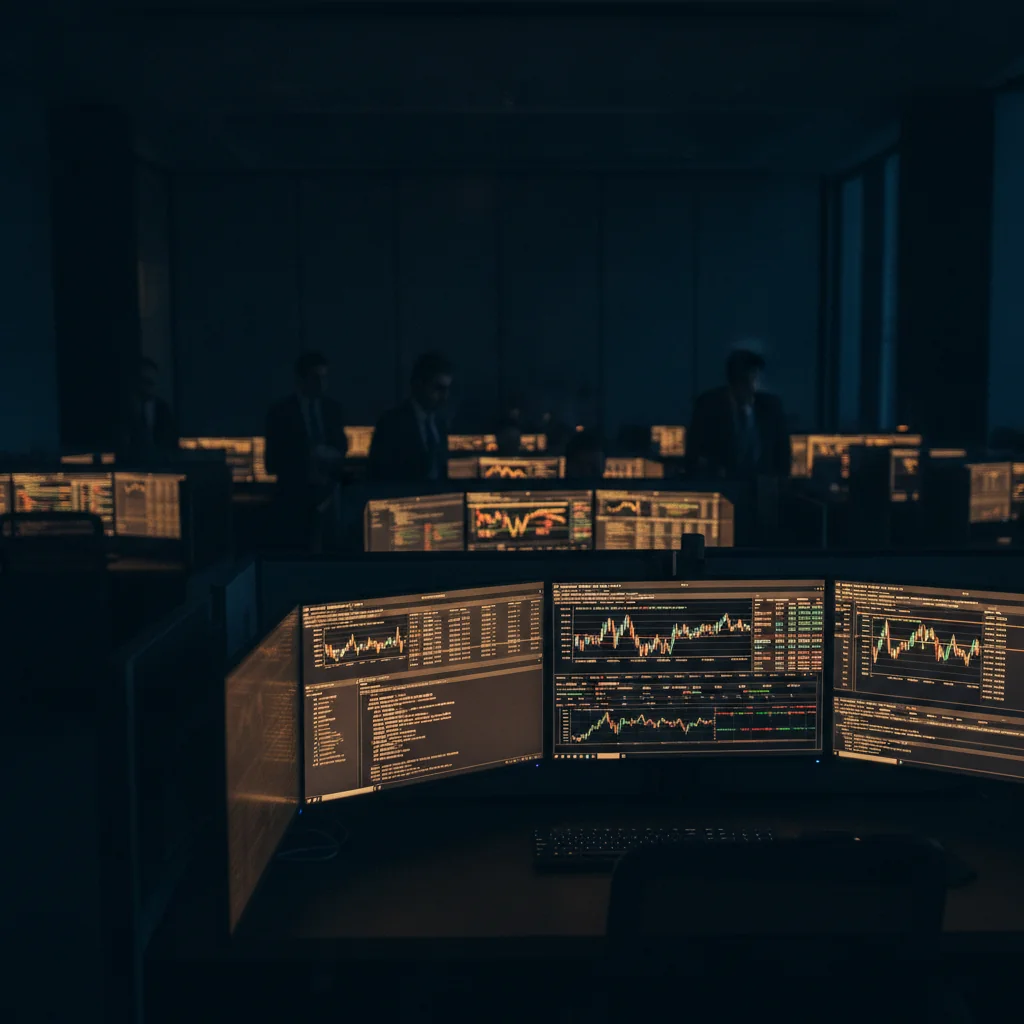 Modern operations centre with screens displaying financial payment data, glowing gold and navy.