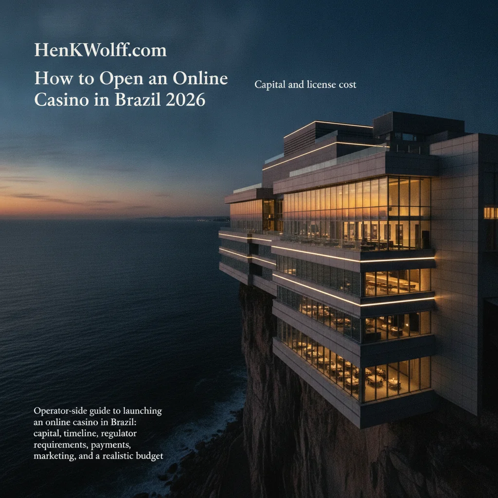 Grand casino-resort building on Brazil's Atlantic coastal cliff at twilight