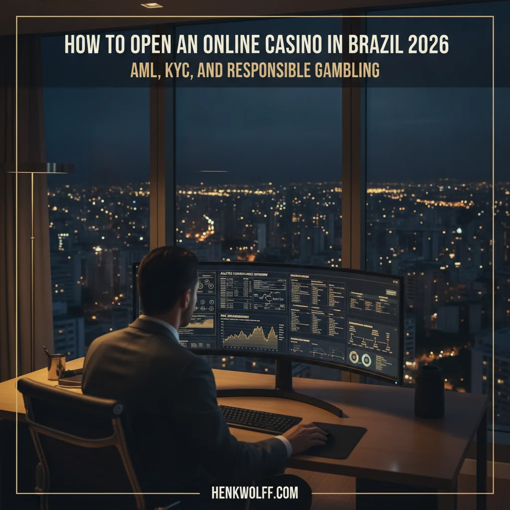 An executive office in São Paulo at twilight, professional reviews compliance data on screen.