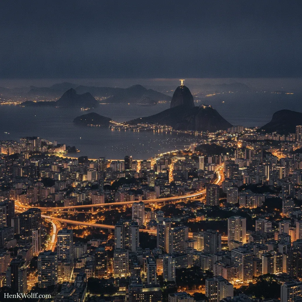 Rio de Janeiro cityscape at blue hour, modern financial buildings and Guanabara Bay.