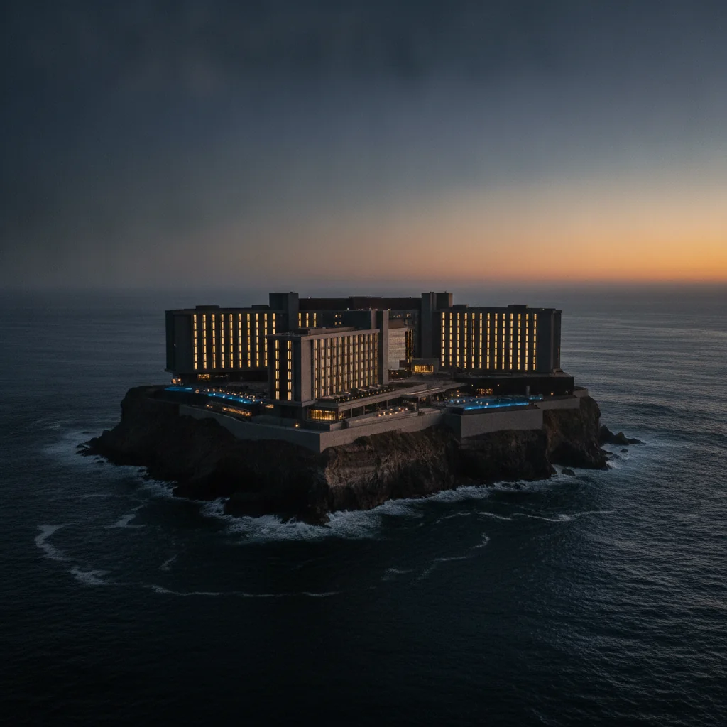 Modern casino-resort on a Chilean coastal cliff at twilight, warm lights glowing.