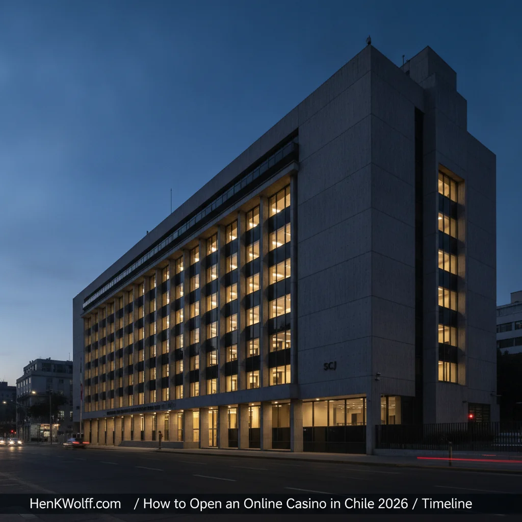 Chilean Superintendencia de Casinos de Juego building exterior at blue hour.