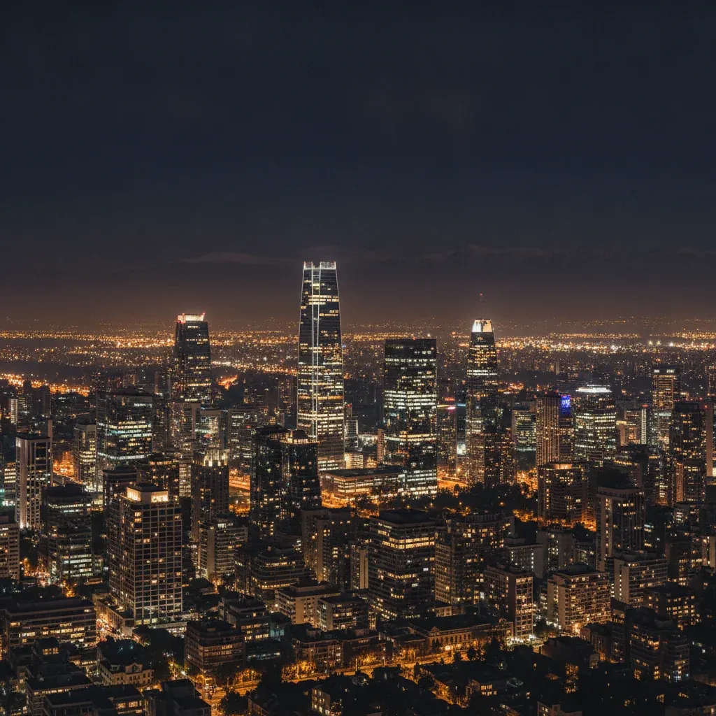 Santiago, Chile's financial district at night, with modern skyscrapers and city lights.