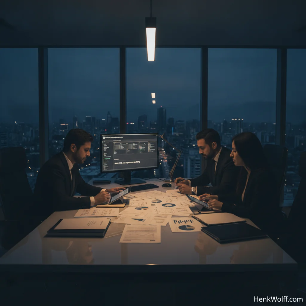 Modern Santiago executive office at twilight, professionals reviewing compliance data.