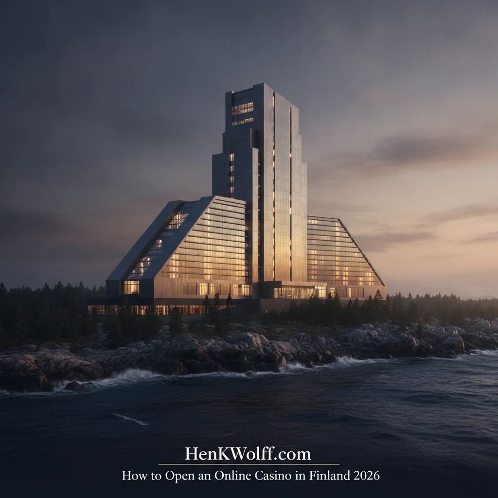 Modern casino-resort on a rocky Finnish coastline at twilight, with warm lights glowing.