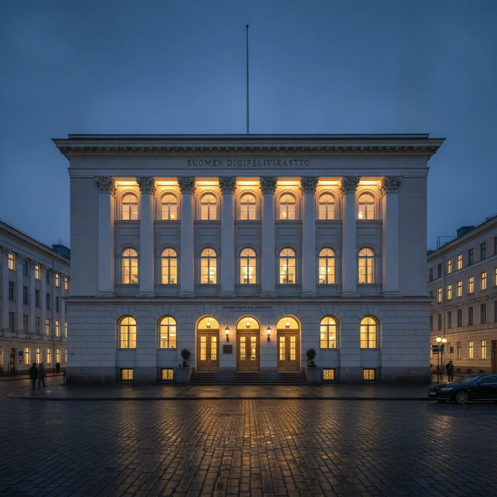 Finnish government building at blue hour with warm interior lights, representing iGaming regulation.