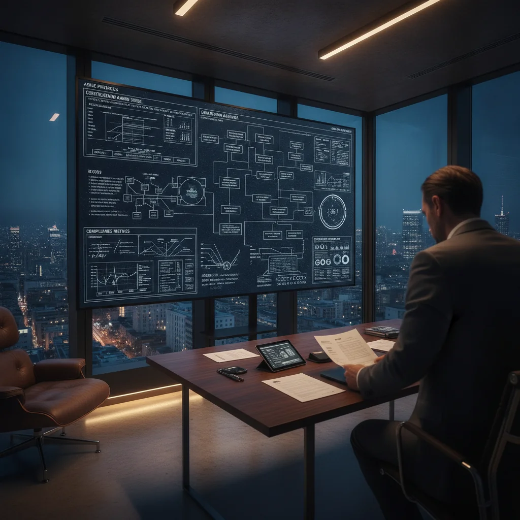 Modern executive office with screen showing technical iGaming data overlooking an Italian city at twilight.
