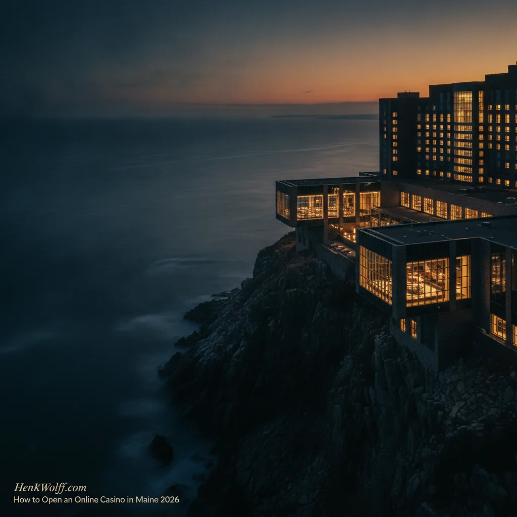 Casino-resort building on a Maine coastal cliff at golden-hour twilight