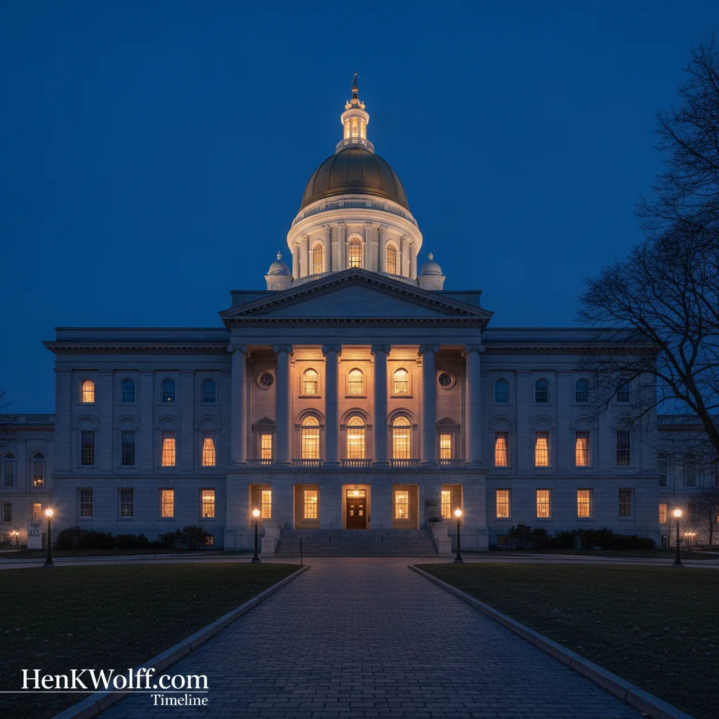 Maine State House exterior at blue hour, warm interior lights glowing through tall windows.